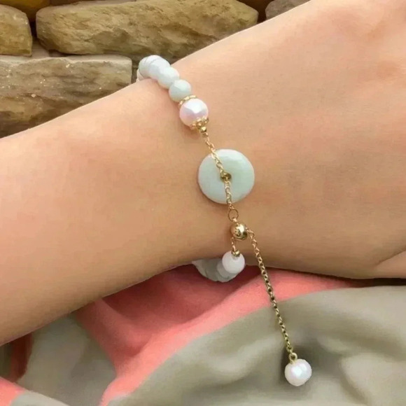 🆕️Natural Jade Beaded Adjustable Bracelet With Freshwater Pearl & Gold Chain - Picture 11 of 13